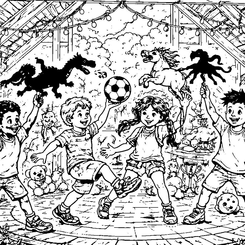 Děti hrající fotbal s loutkami stínů