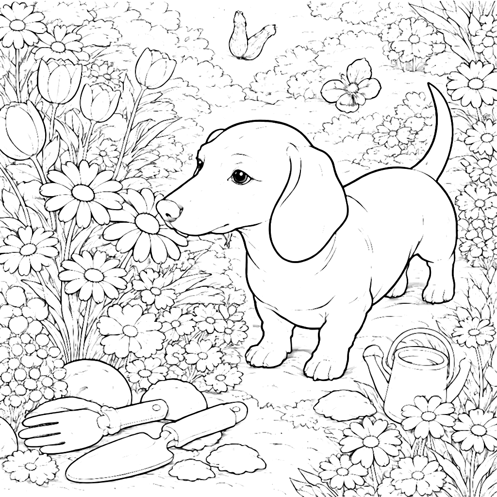 J dachshund zkoumá zahradu - omalovánka – omalovánka k tisku