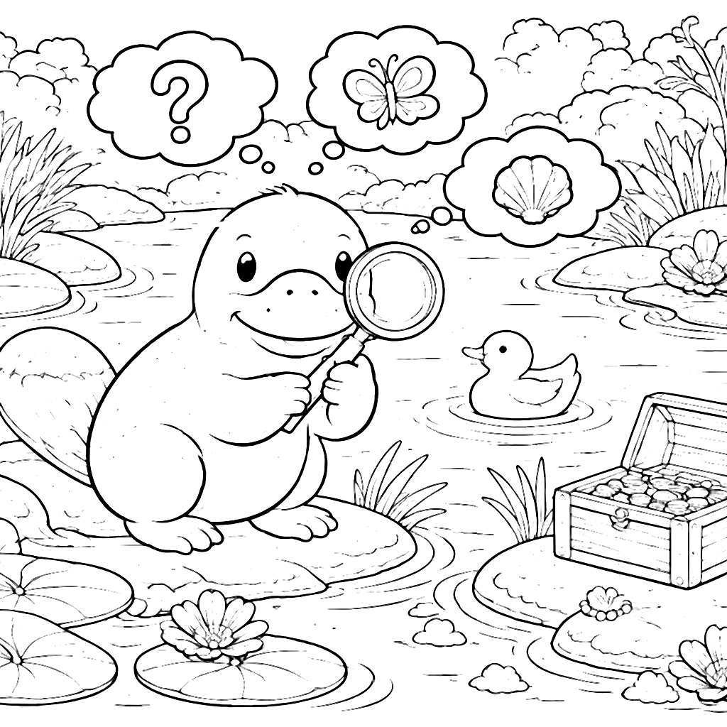 Zvláštní platypus na barevném břehu řeky – omalovánka k tisku