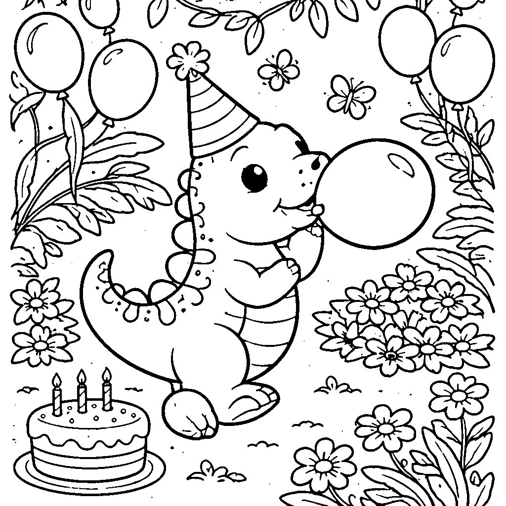 A Friendly Dinosaur Wearing a Colorful Party Hat – farvelægningsark at udskrive