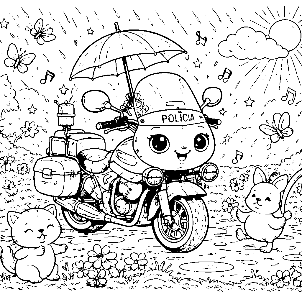 Kawaii Politimotorcykel – Farvelægning for Børn – farvelægningsark at udskrive