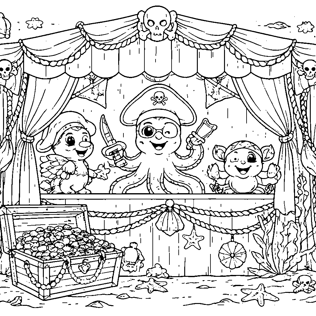 Piratskuespil med marionetter – farvelægningsark at udskrive