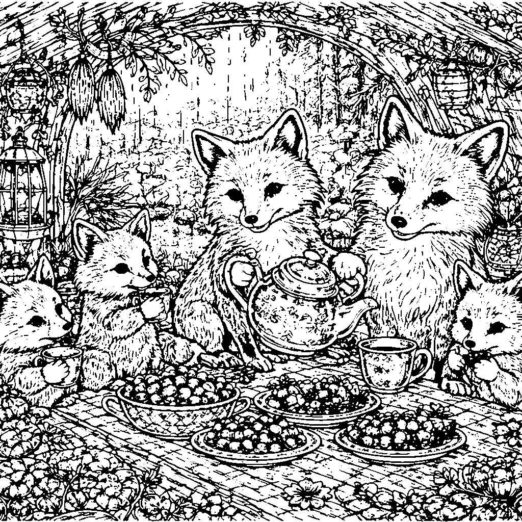 Ausmalbild einer verspielten Fuchsfamilie