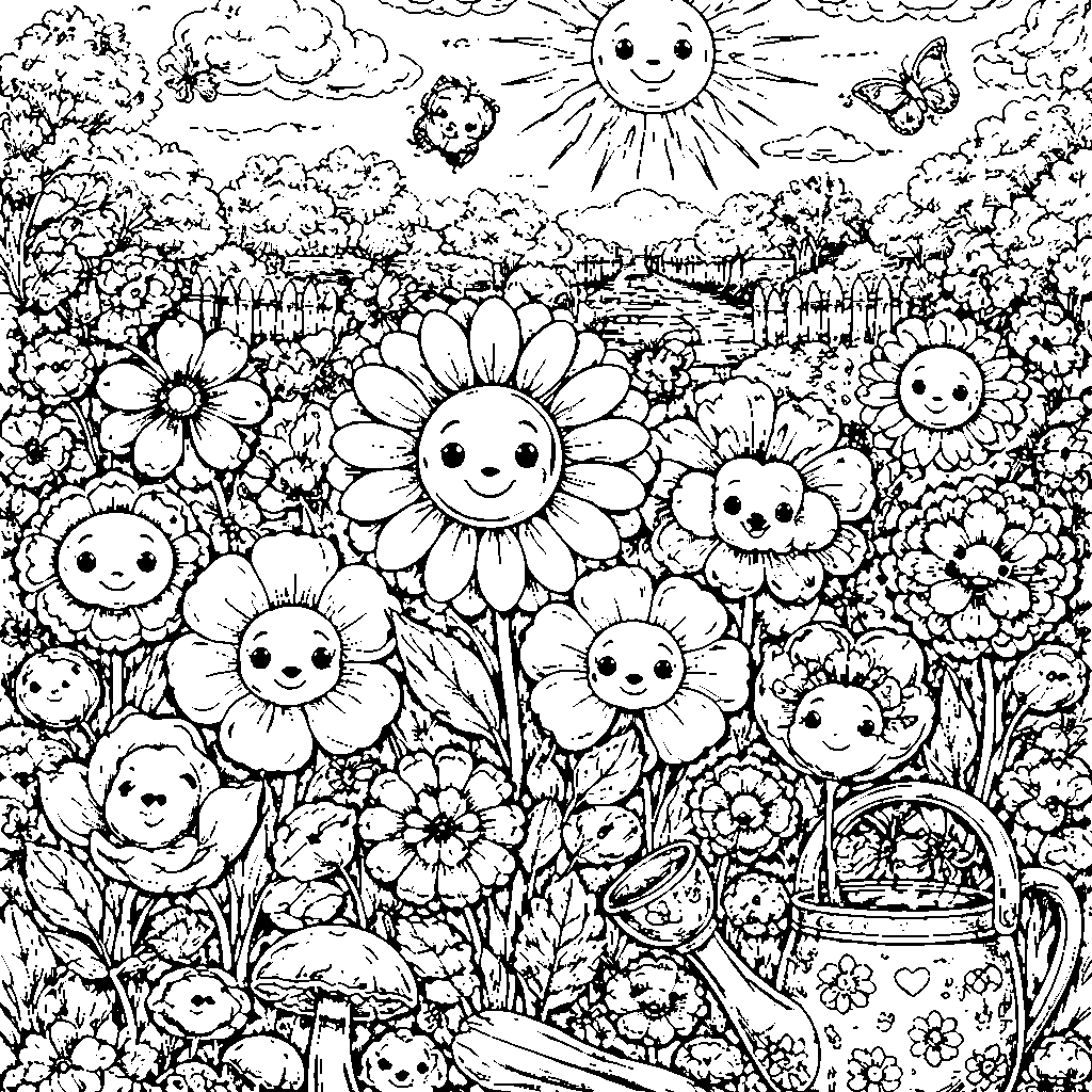 Ausmalbild eines fantasievollen Gartens voller Freundschaftsblumen