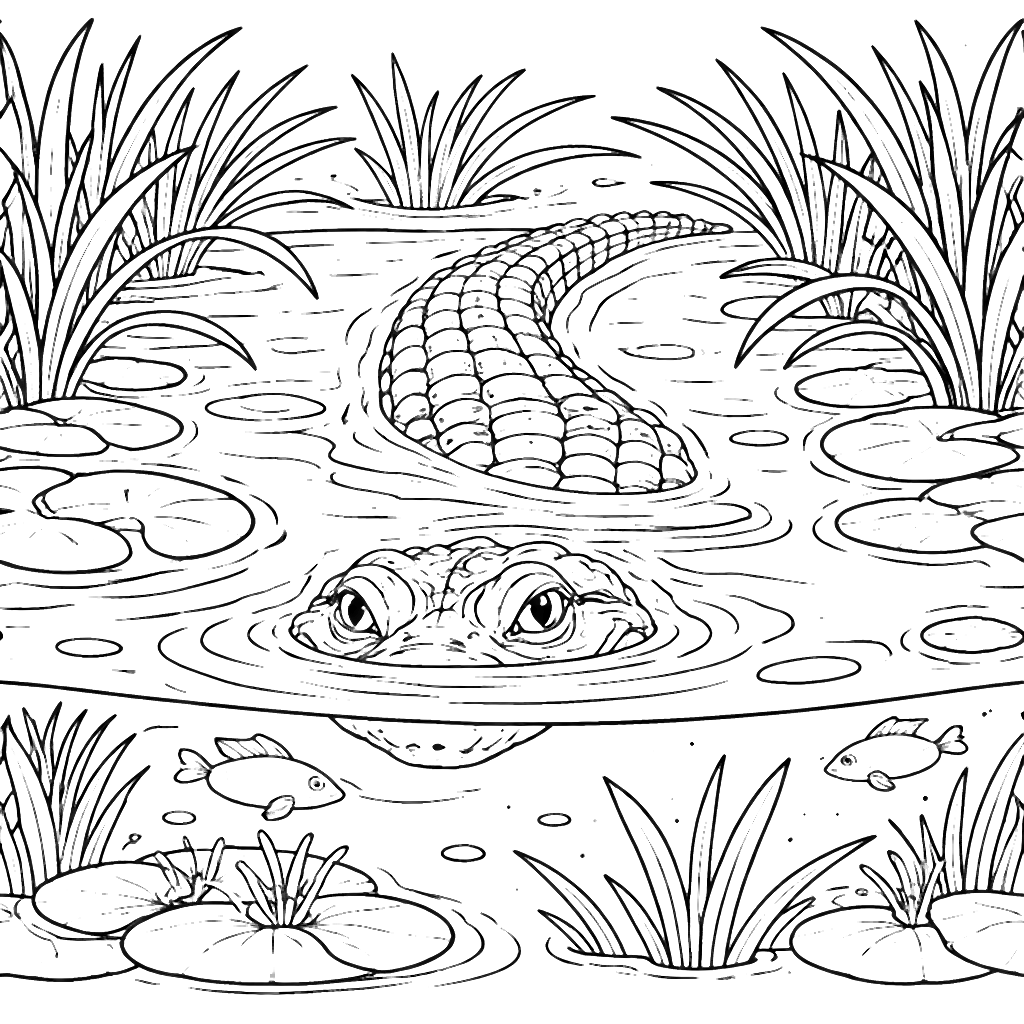 Alligator im Sumpf: Ausmalbild für Kinder – Ausmalbild zum Ausdrucken