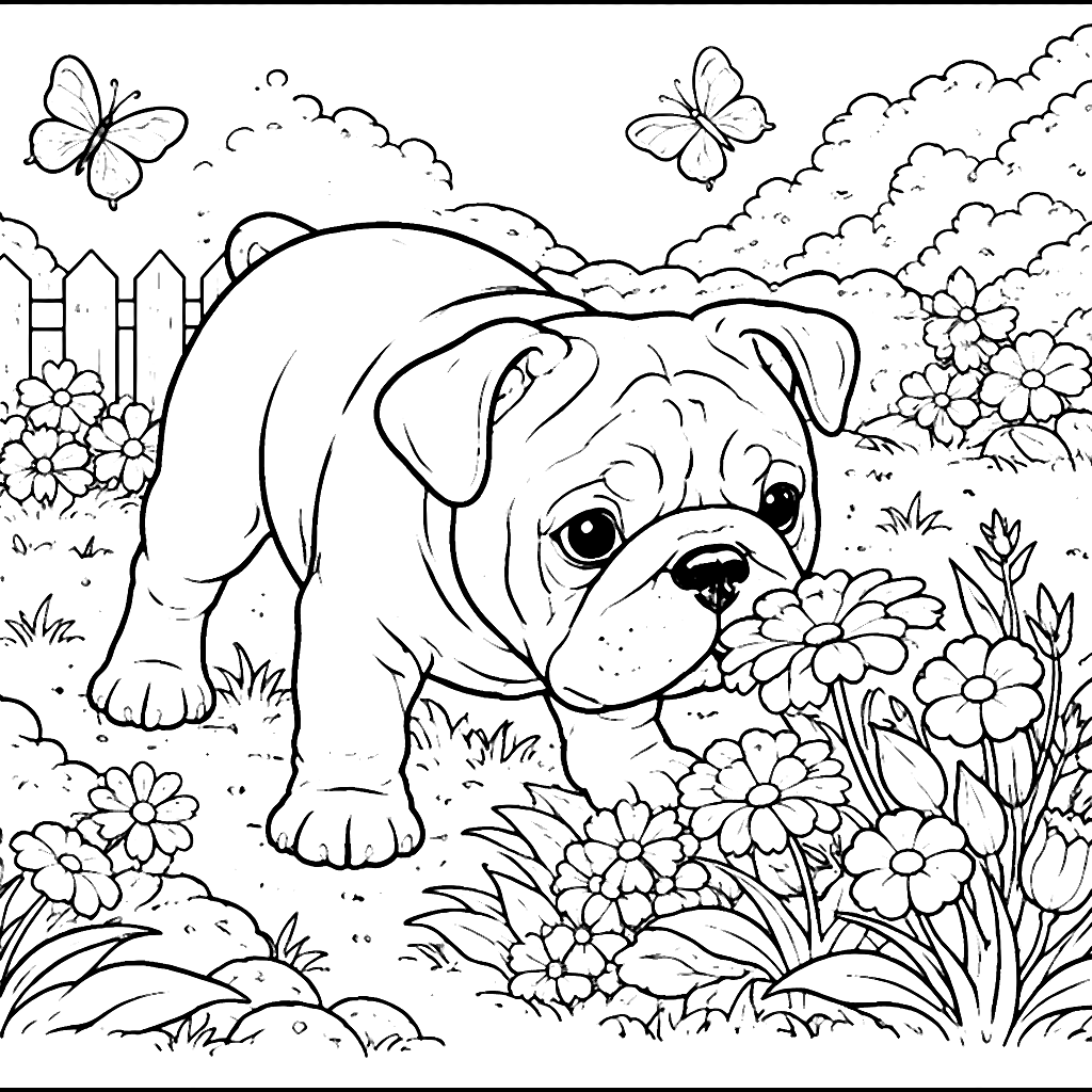 Ausmalbild eines neugierigen English Bulldog im Garten – Ausmalbild zum Ausdrucken