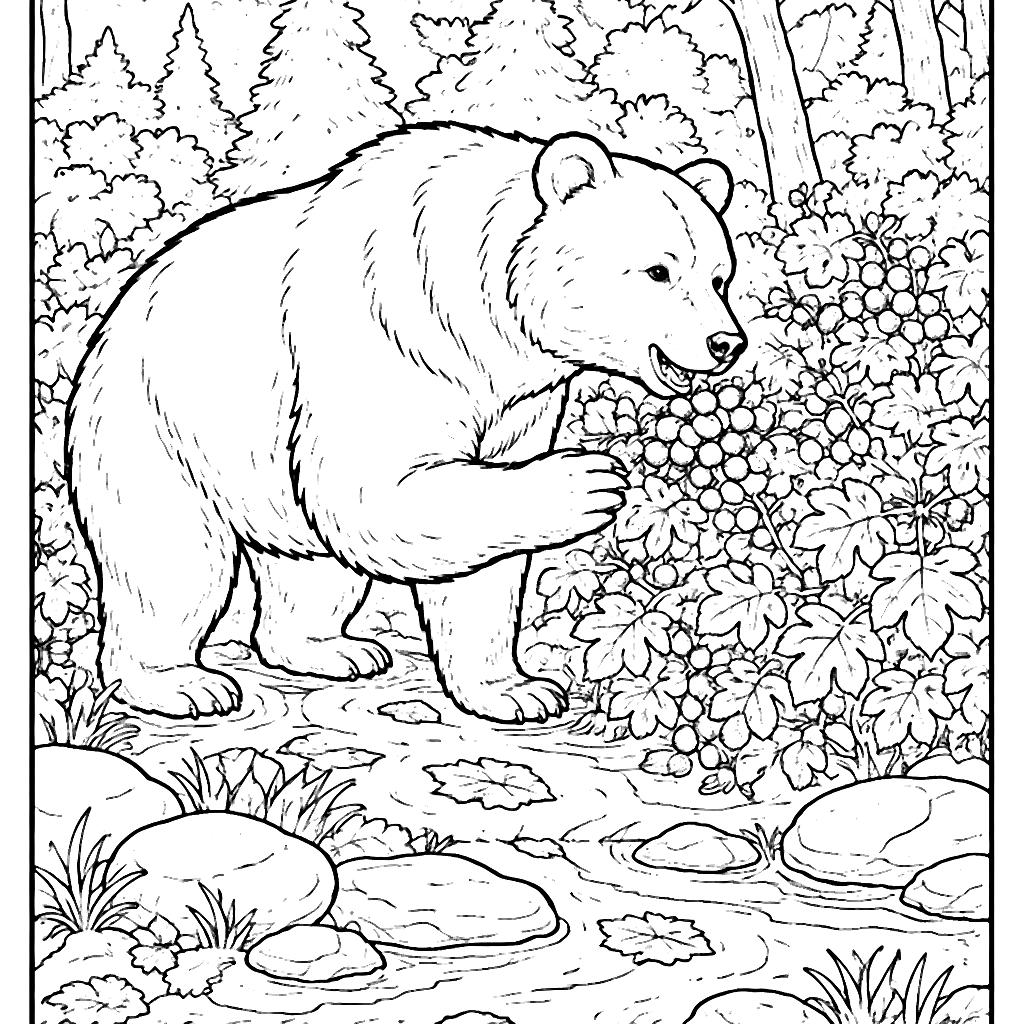 Bär beim Beerensammeln im Wald - Ausmalbild – Ausmalbild zum Ausdrucken