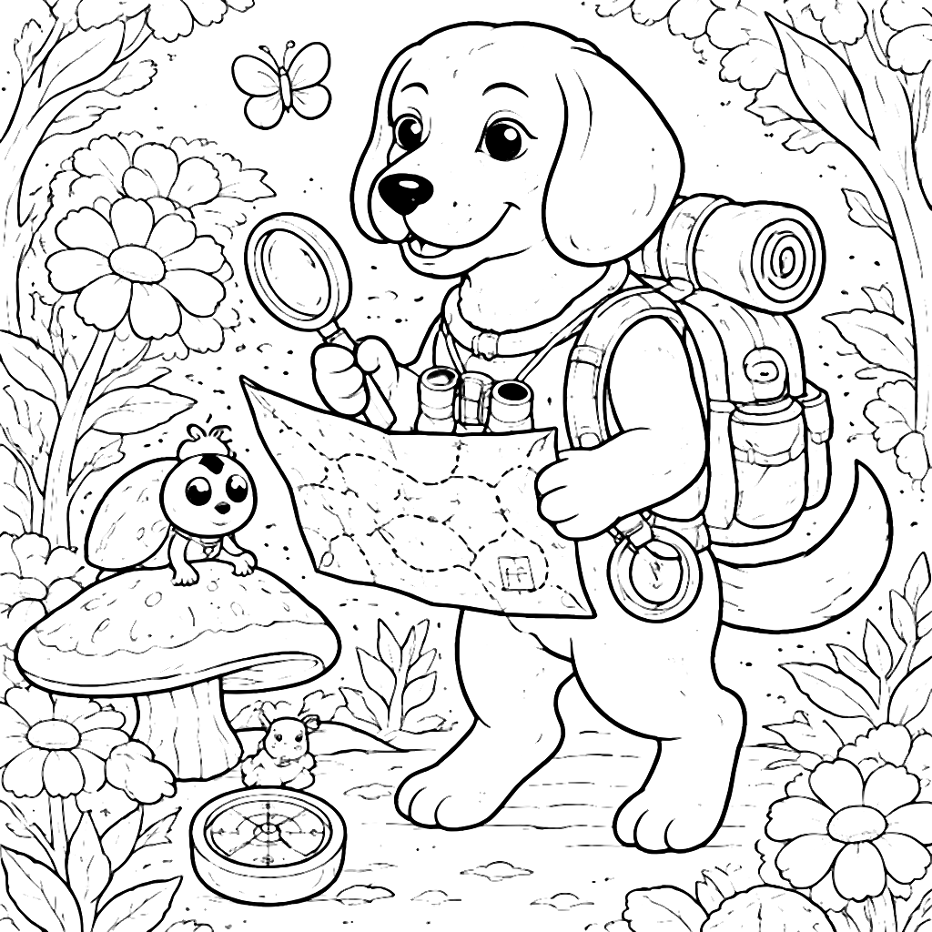 Beagle mit Rucksack im Abenteuerwald Ausmalbild – Ausmalbild zum Ausdrucken