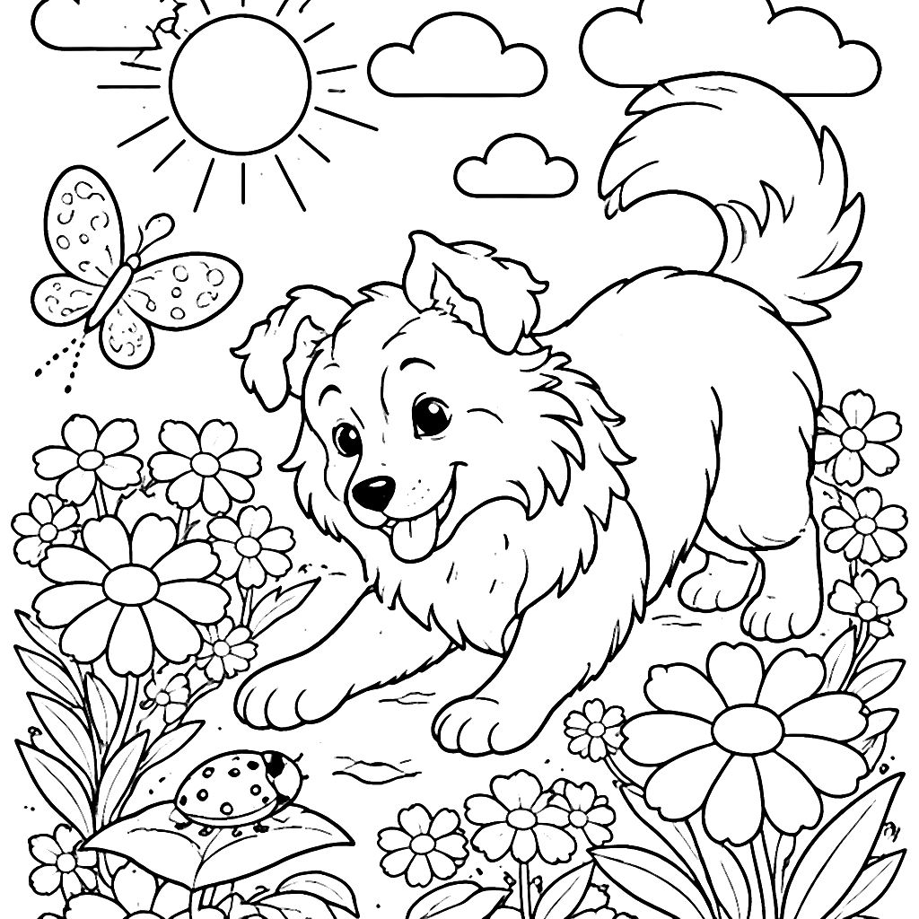 Border Collie im bunten Blumengarten ausmalen