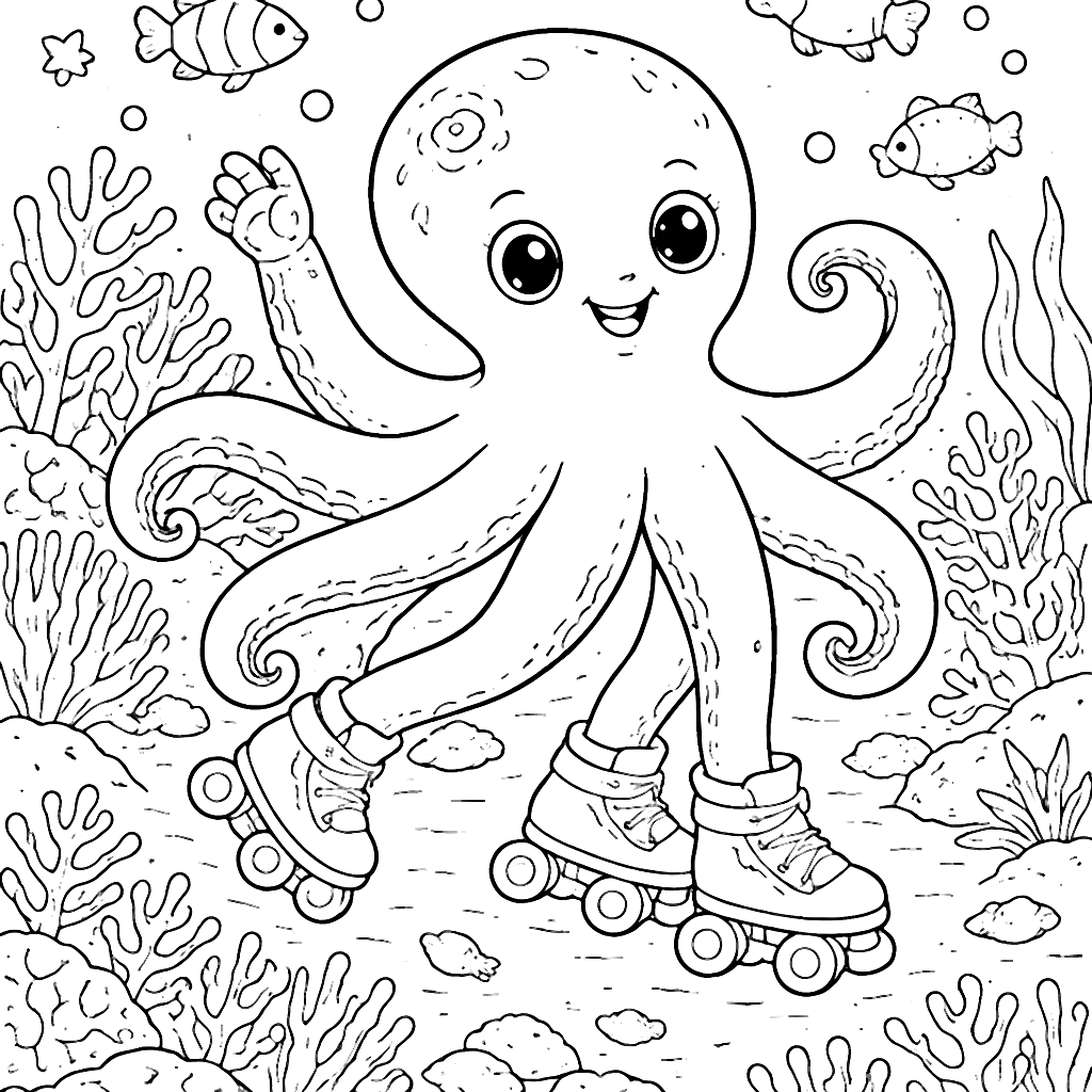 Cleverer Oktopus auf Rollschuhen – Ausmalbild – Ausmalbild zum Ausdrucken