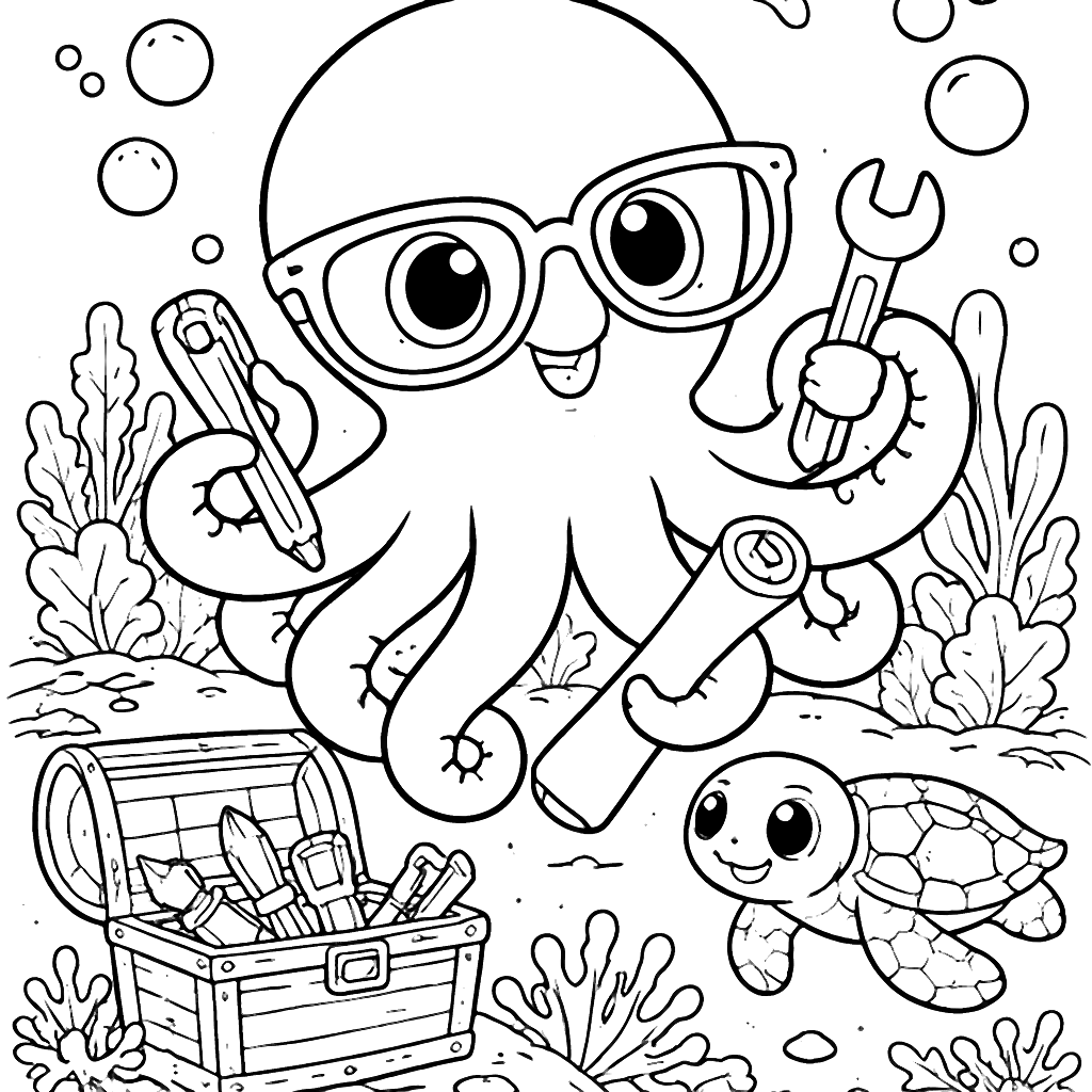 Cleverer Oktopus-Papa im bunten Unterwasserparadies – Ausmalbild zum Ausdrucken