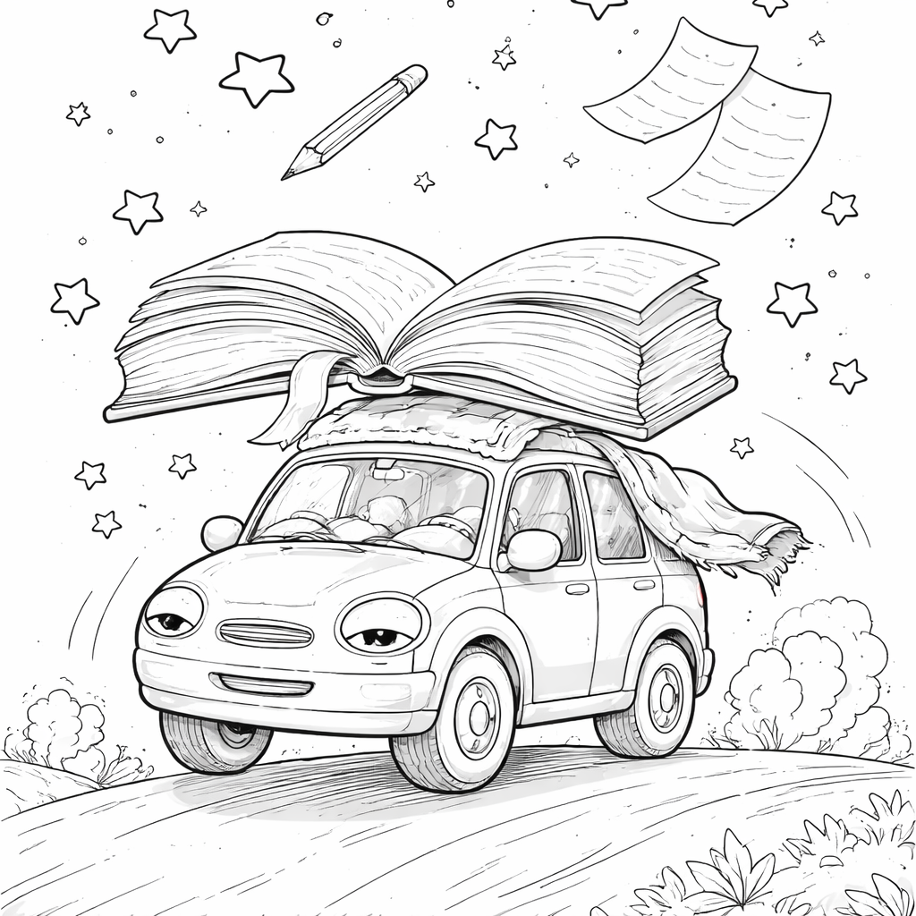 Ein Auto, das ein riesiges Buch liest – Ausmalbild zum Ausdrucken