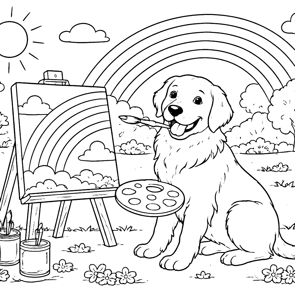 GoldenerRetriever: Regenbogen im sonnigen Park ausmalen – Ausmalbild zum Ausdrucken