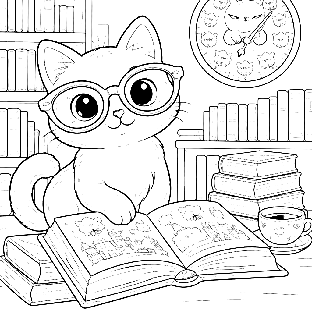 Katze mit übergroßen Brille in der Bibliothek ausmalen – Ausmalbild zum Ausdrucken