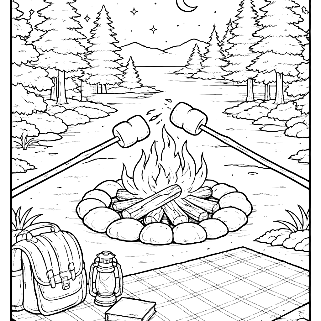 Leckere Marshmallows am Lagerfeuer ausmalen – Ausmalbild zum Ausdrucken