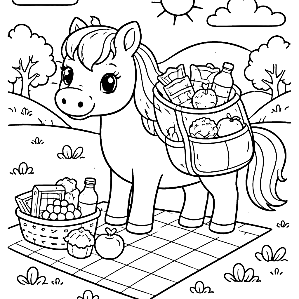 Pferd mit Snack-Rucksack in sonniger Hügellandschaft – Ausmalbild zum Ausdrucken