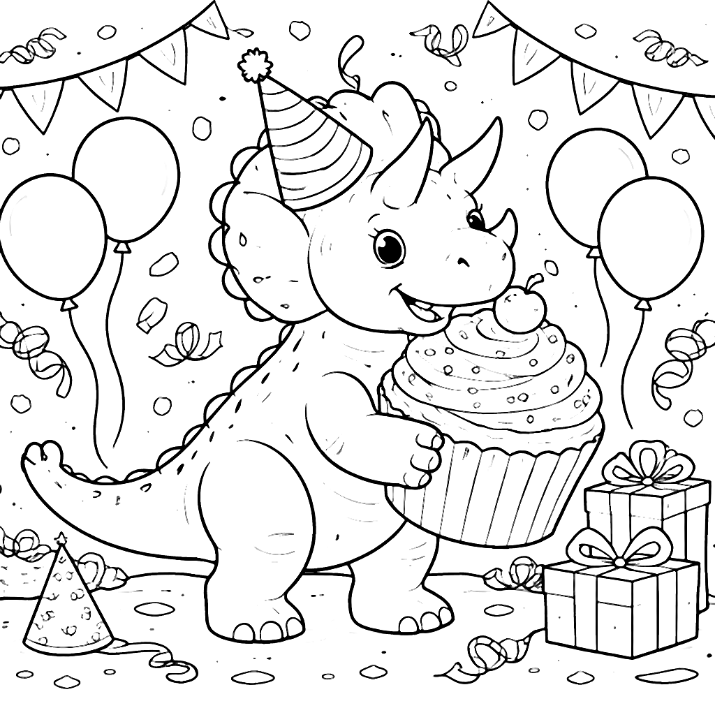 Triceratops mit Riesen-Cupcake – Ausmalbild – Ausmalbild zum Ausdrucken