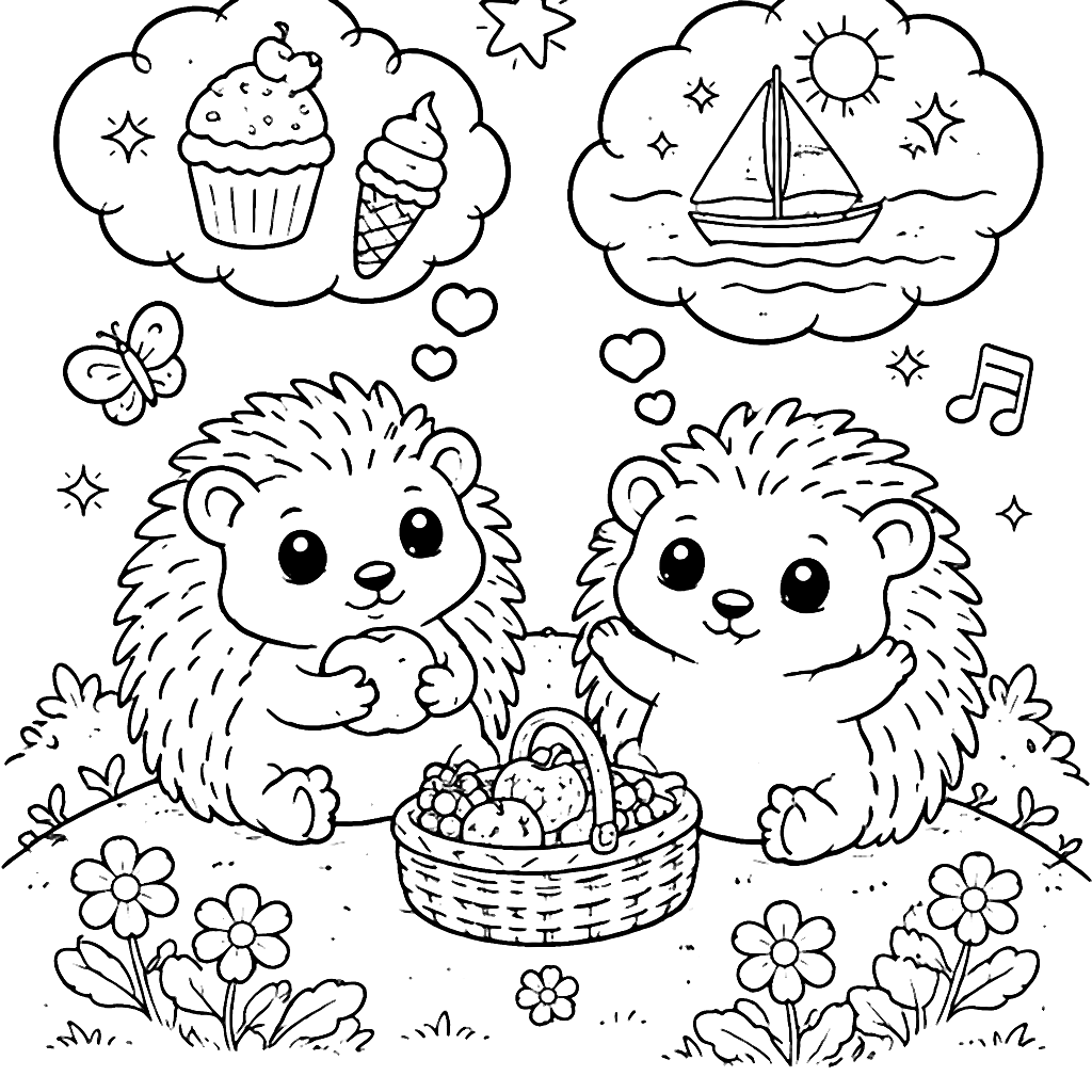 Zwei verspielte Igel auf einer bunten Wiese ausmalen – Ausmalbild zum Ausdrucken