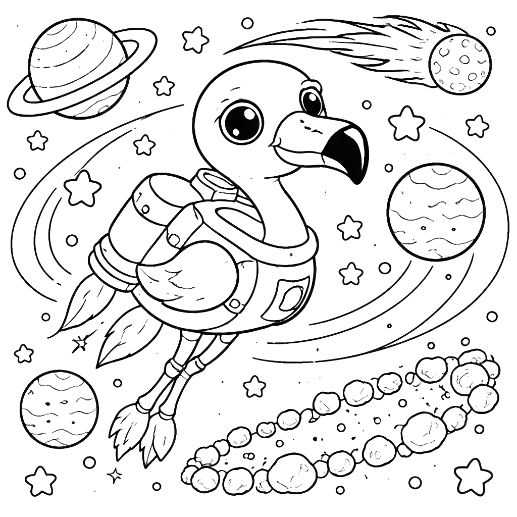 A Curious Flamingo in a Colorful Galaxy Coloring Page – coloring page printable
