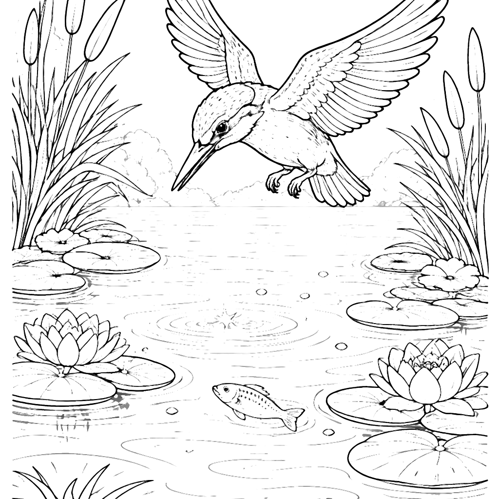 A Kingfisher Coloring Page: Serene Fishing Scene – coloring page printable