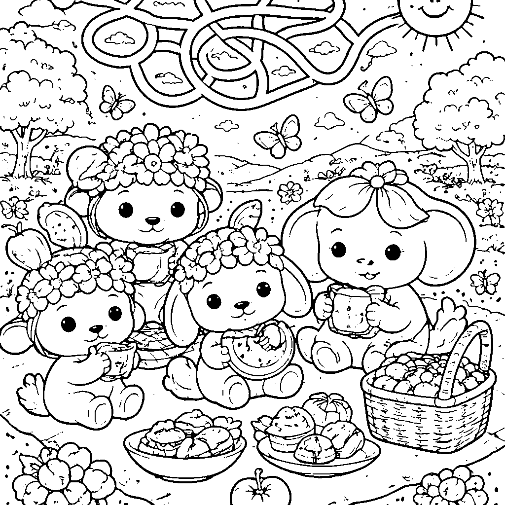 Baby Animals Spring Picnic Coloring Page