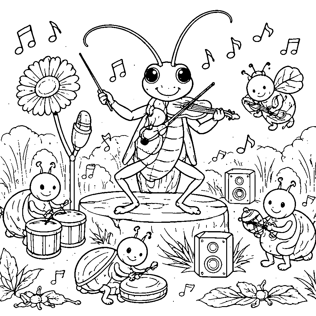 Whimsical Grasshopper Playing a Tiny Violin Coloring Page