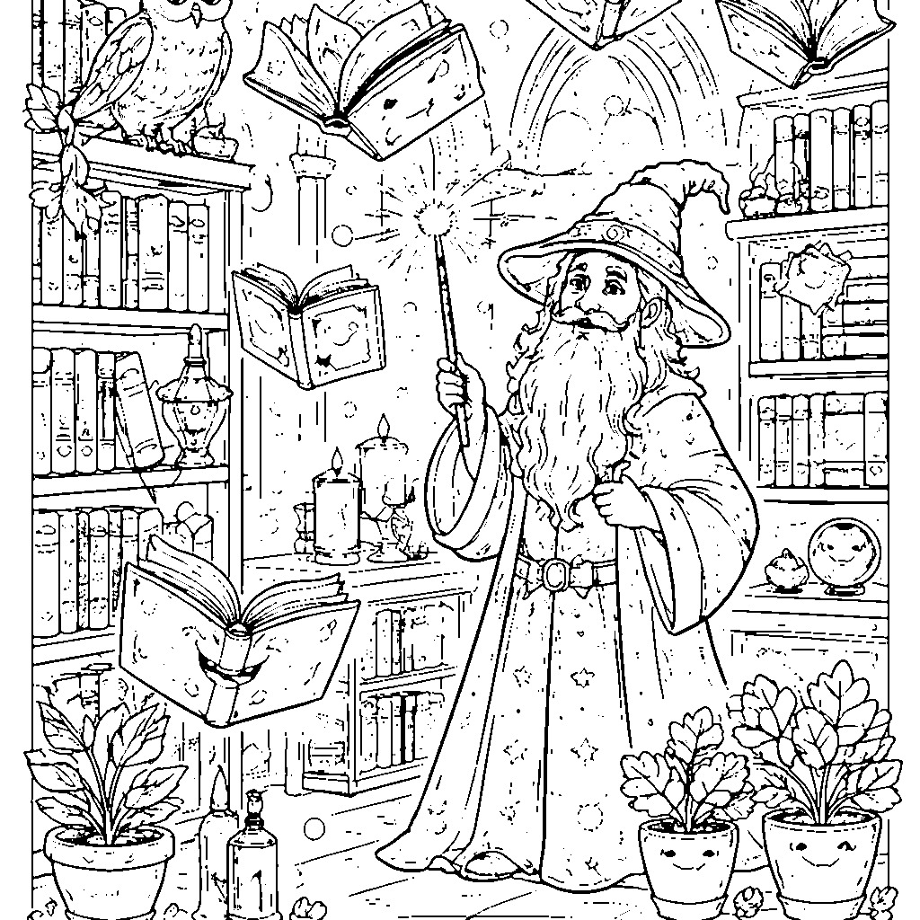 Wizard's Magical Library Coloring Page