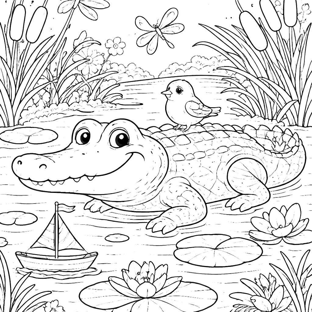 Alligator with Bird Friend Coloring Page