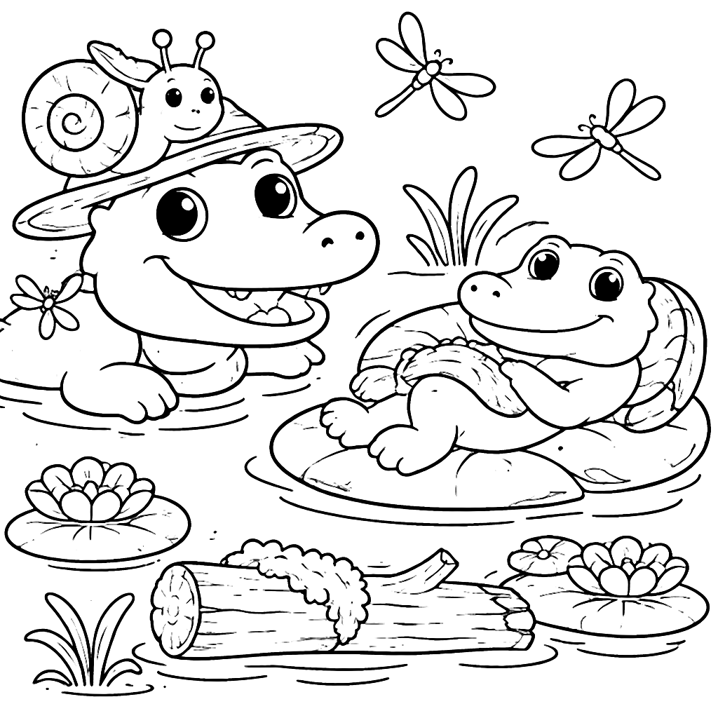 Alligators Coloring Page with a Snail Adventure – coloring page printable