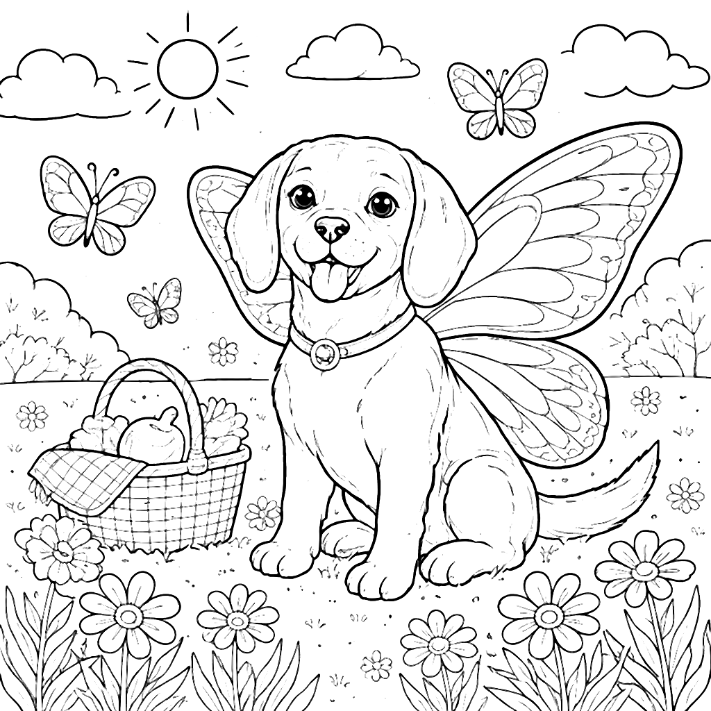 Beagle with Butterfly Wings in a Sunny Meadow Coloring Page – coloring page printable