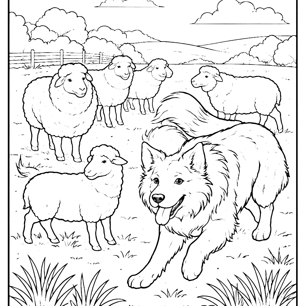 Border Collie Herding Sheep in a Grassy Field – coloring page printable
