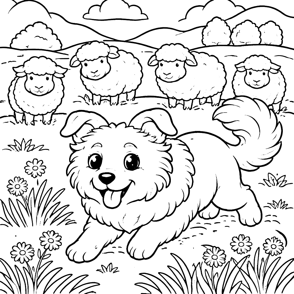 Border Collie Herding Sheep in a Grassy Meadow Coloring Page – coloring page printable