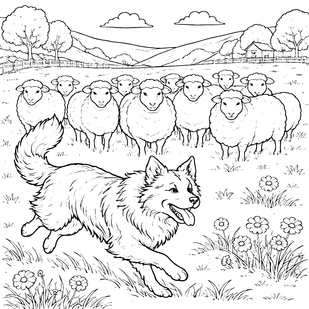 Border Collie Herding Sheep in a Sunny Meadow - Coloring Page – coloring page printable