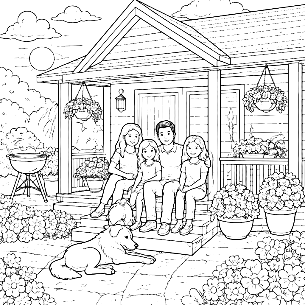 Charming Cottage Family Gathering Coloring Page