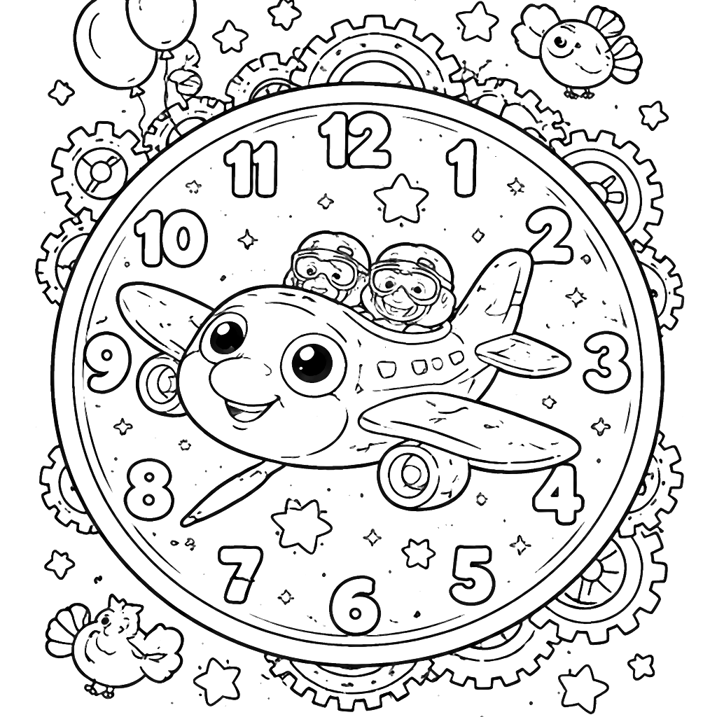 Color This Playful Airplane in a Whimsical Clock – coloring page printable