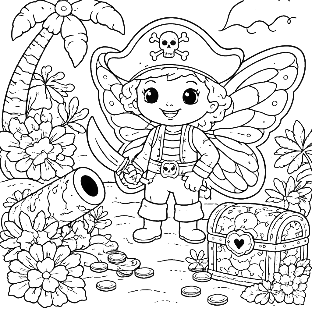 Colorful Pirate Adventure on a Tropical Island – coloring page printable