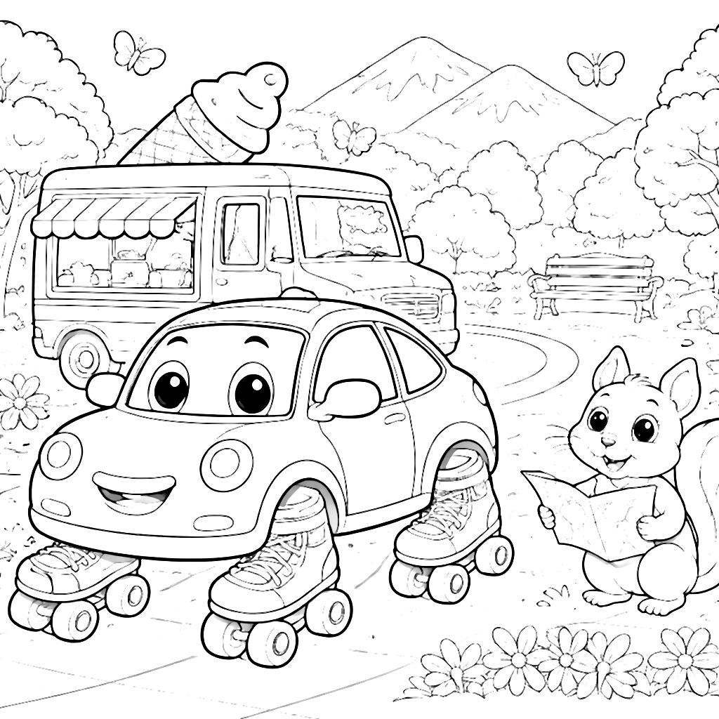 Coloring Page of a Car with Roller Skates – coloring page printable