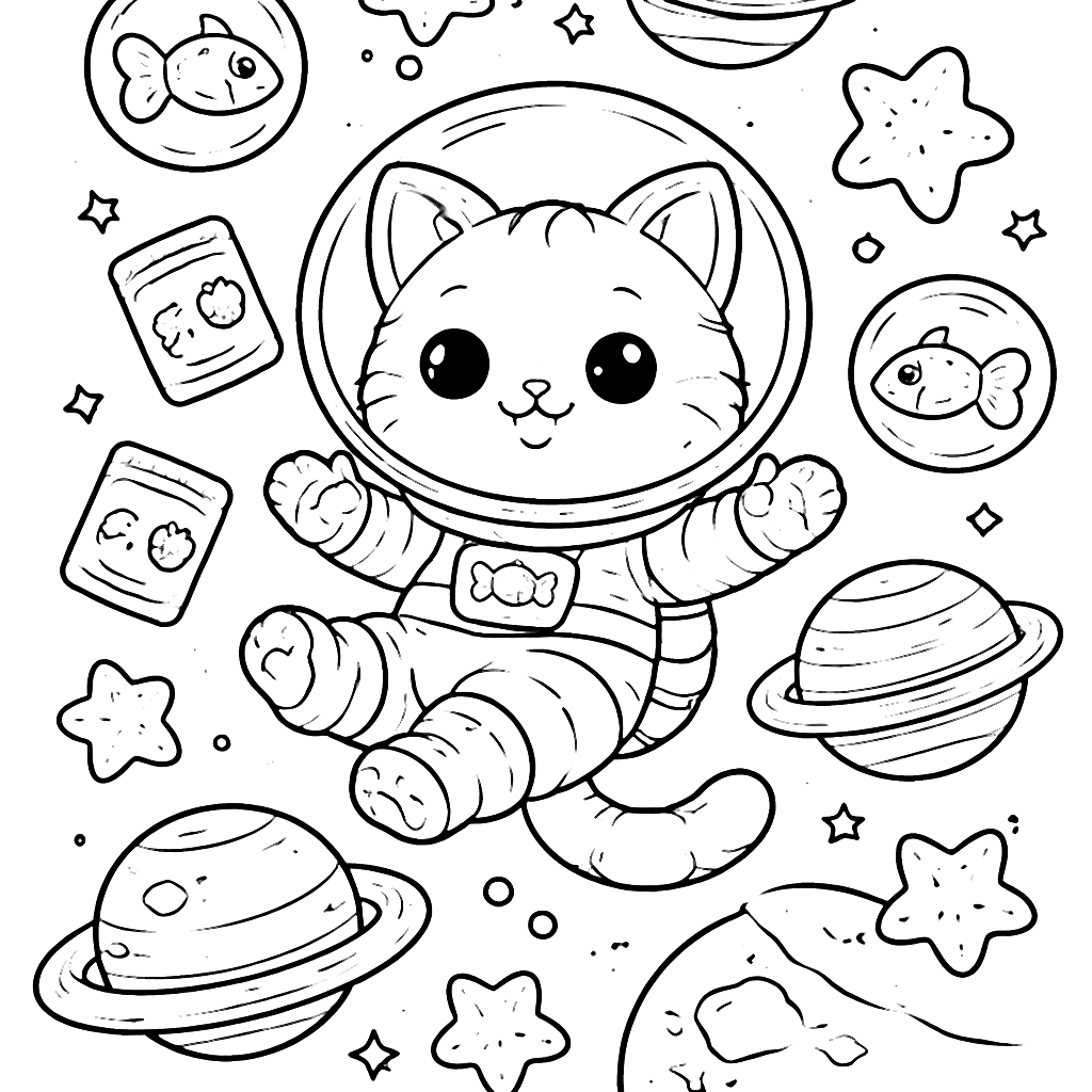 Coloring Page of a Cat Floating in Cosmic Landscape – coloring page printable