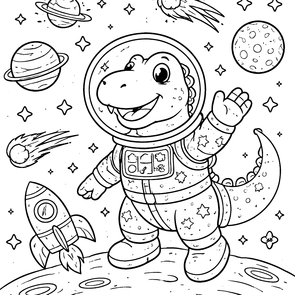 Coloring Page of a Cheerful Dinosaur in Space