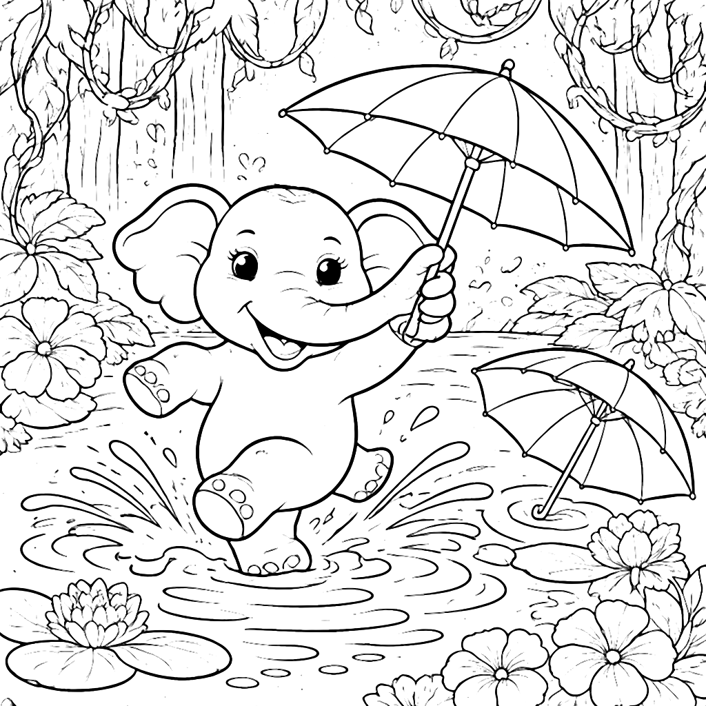 Coloring Page of a Delighted Elephant in Rainforest – coloring page printable