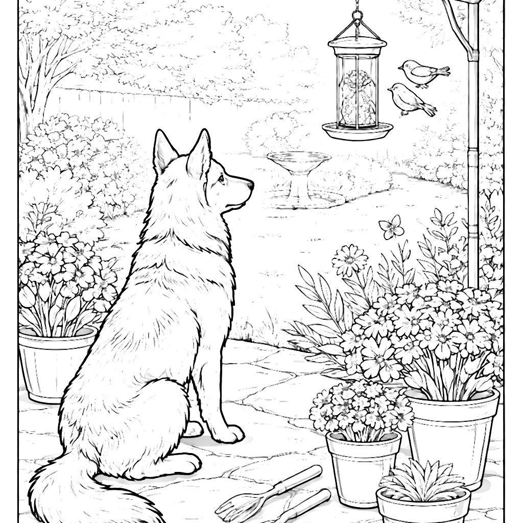 Coloring Page of a German Shepherd Watching Birds – coloring page printable