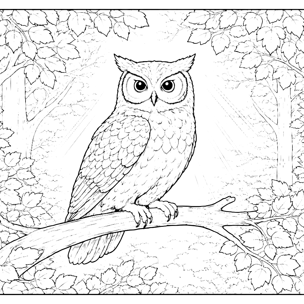 Coloring Page of a Wise Old Owl in the Forest – coloring page printable