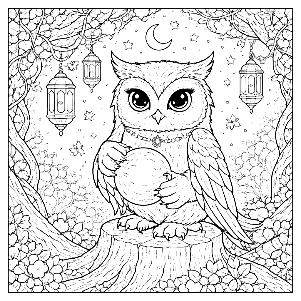 Coloring Page of a Wise Owl in a Mystical Forest – coloring page printable