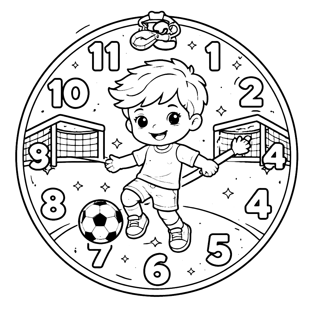 Coloring Page of a Young Soccer Player in a Clock Setting – coloring page printable