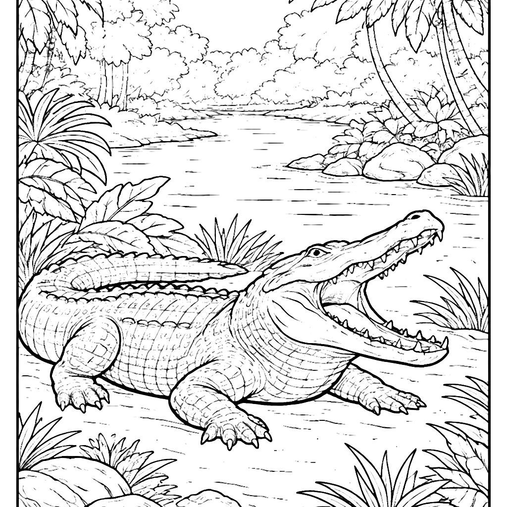 Coloring Page of Alligators Basking by the River Bank