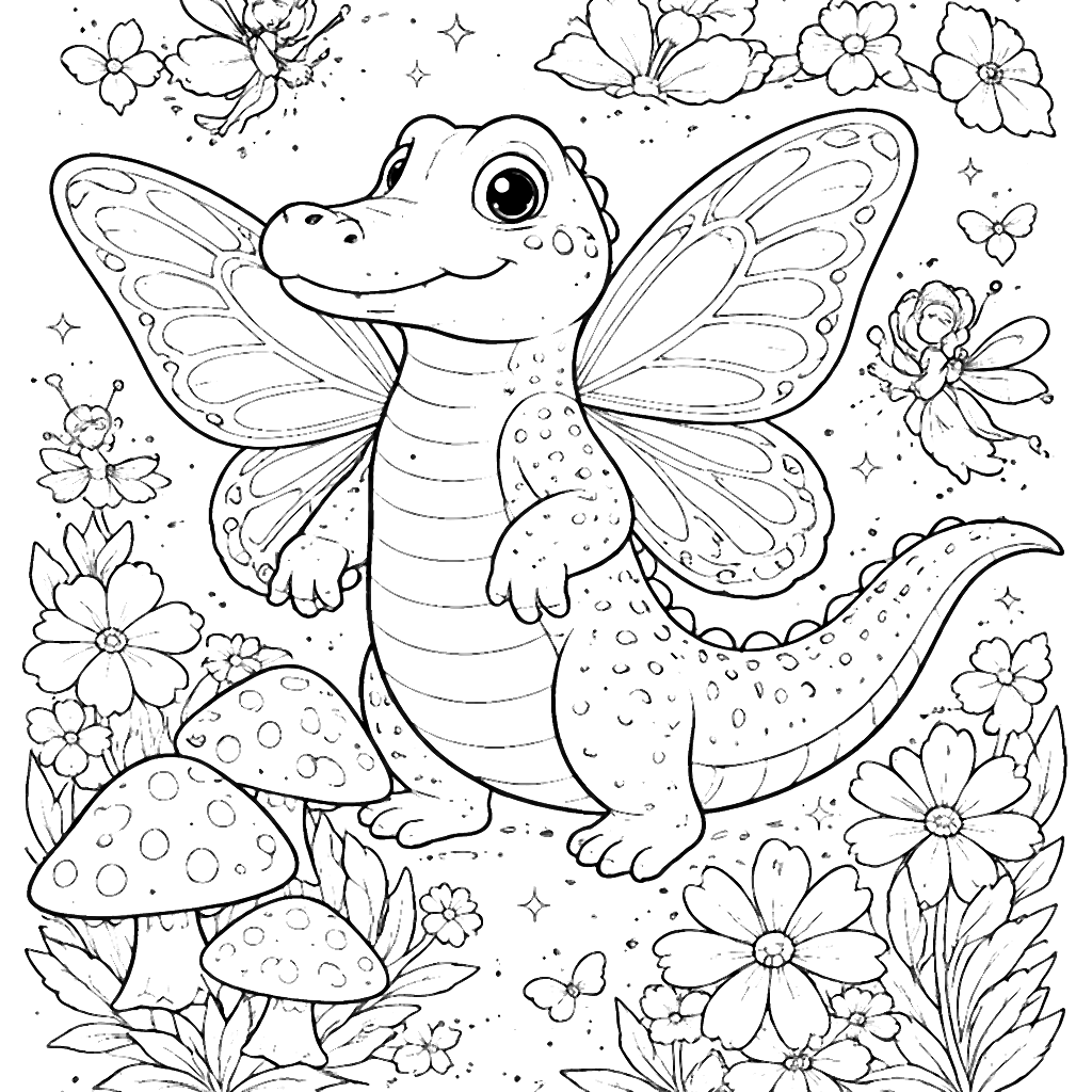 Coloring Page of Alligators with Butterfly Wings