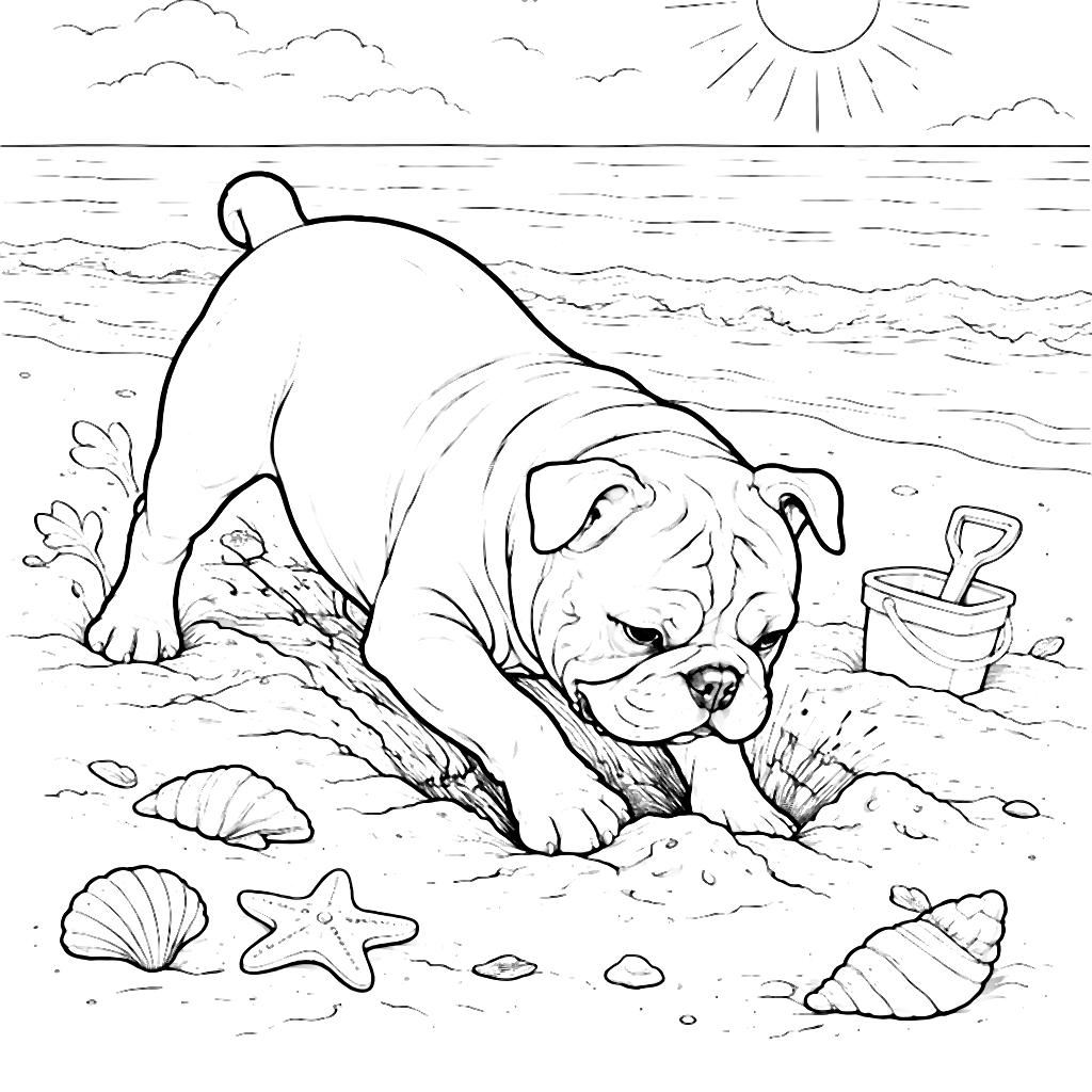 Coloring Page of an English Bulldog at the Beach – coloring page printable