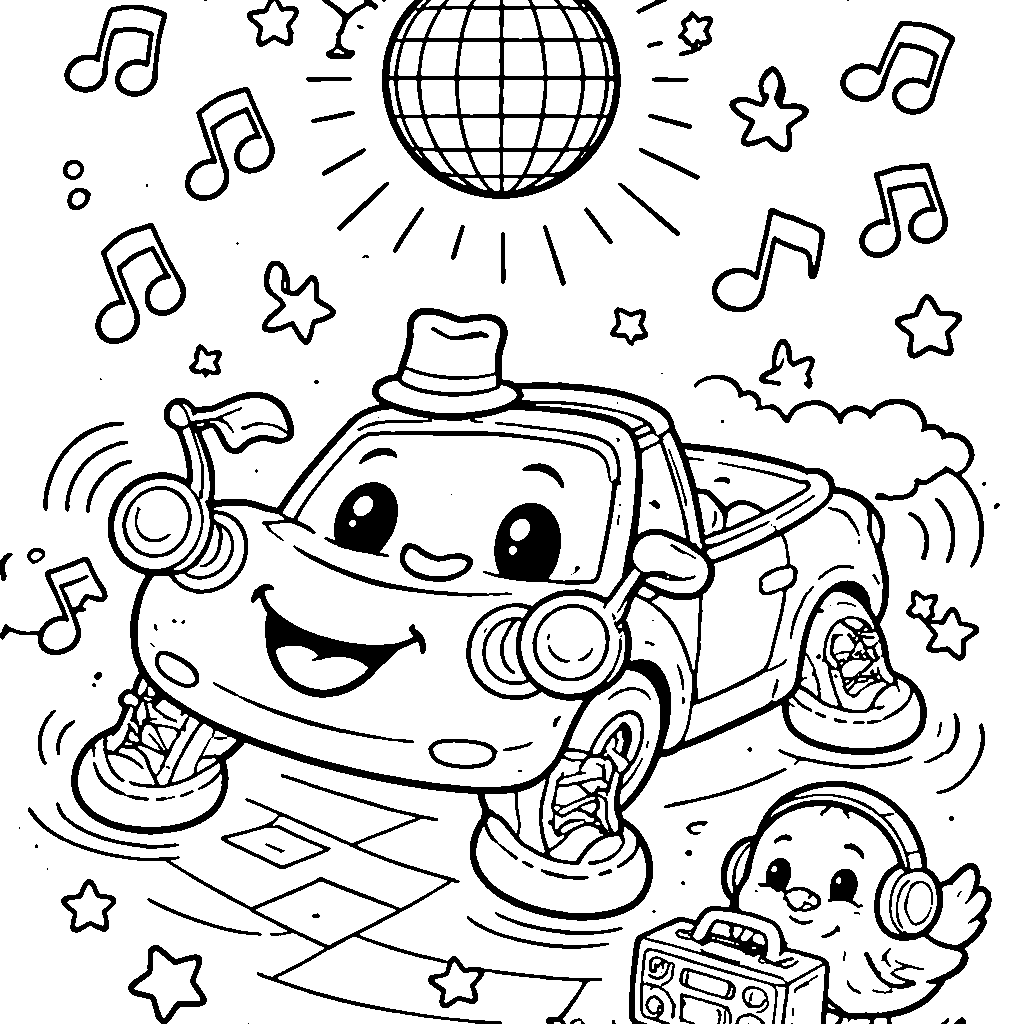Dance Party with a Convertible Car Coloring Page – coloring page printable