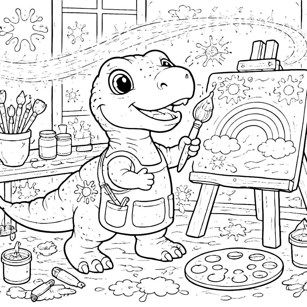 Dinosaur Coloring Page with Fairy Dust in Art Studio – coloring page printable