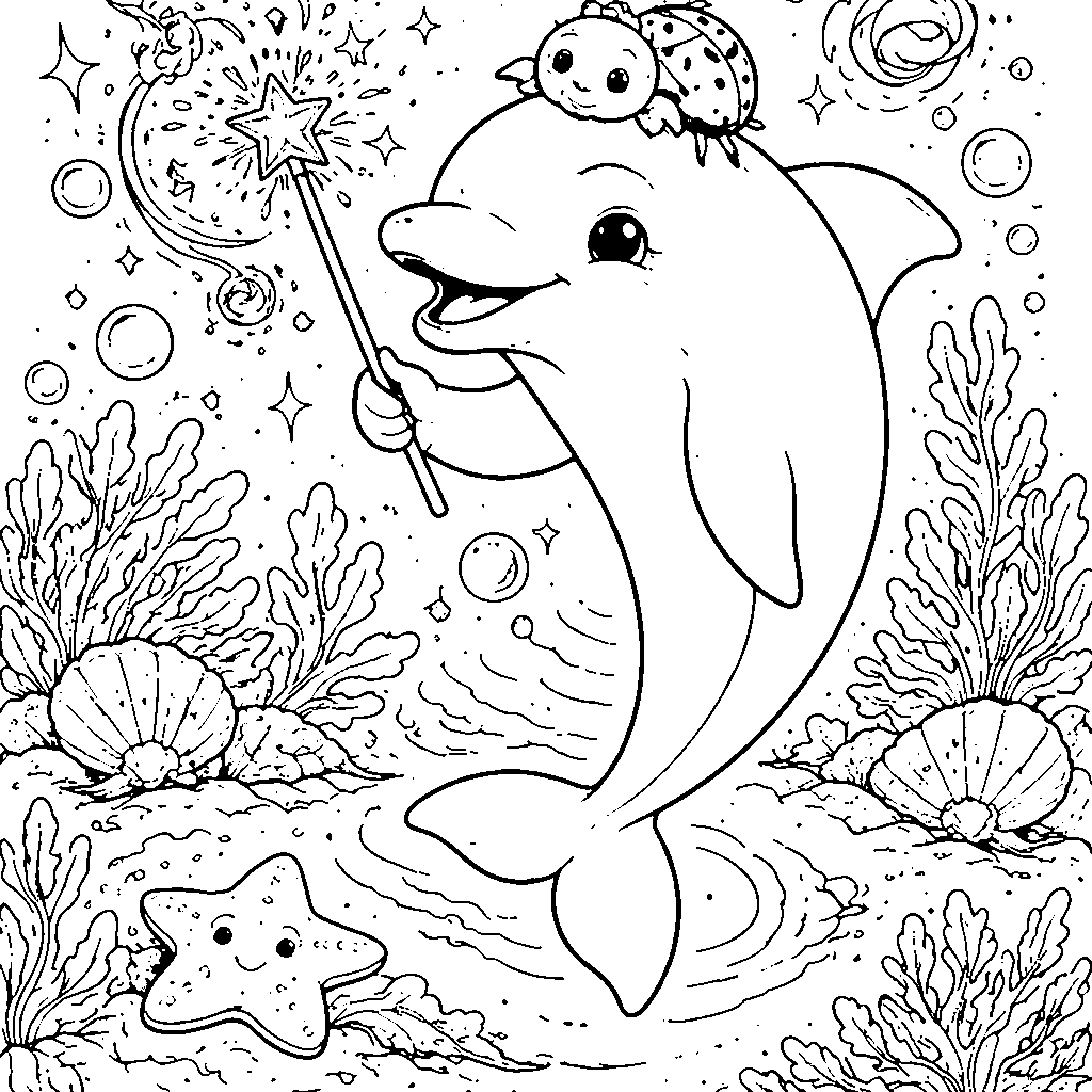 Dolphin with a Magic Wand Coloring Adventure – coloring page printable